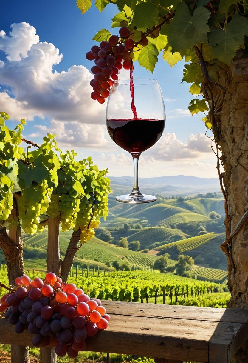 A lush vineyard with ripe grapes hanging from verdant vines, a sun-kissed landscape in the background, and a wine glass filled with a deep red liquid in the foreground, evoking a sense of celebration and joy. In the sky, playful clouds spell out cheerful descriptors like 'vibrant', 'rich', and 'smooth'. The scene is bright and inviting, inviting readers into a tasting adventure. vibrant colors. super-realistic.