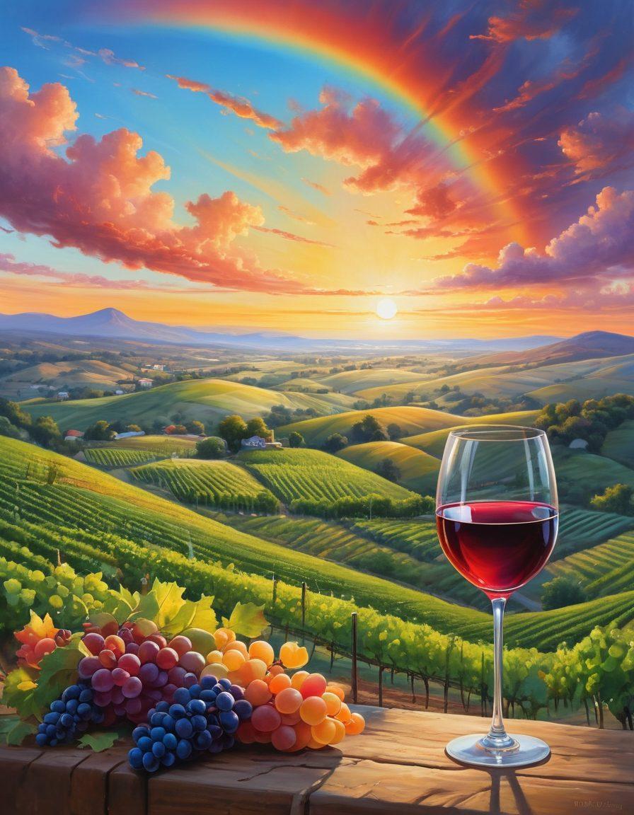 A serene vineyard landscape at sunset, with grapevines stretching across rolling hills, each label showcasing a positive adjective like 'joyful', 'vibrant', and 'rich'. In the foreground, a wine glass filled with a sparkling red wine catches the warm light, reflecting a rainbow of colors. Fluffy clouds float overhead, painted in soft pastels, inviting feelings of tranquility and celebration. super-realistic. vibrant colors. picturesque.