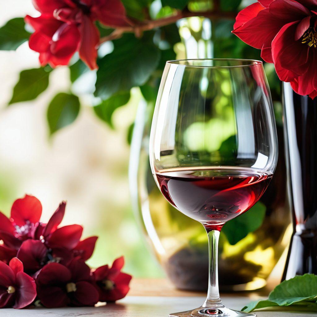 A close-up of a wine glass filled with a vibrant, ruby red wine, reflecting soft light. Surrounding the glass are blooming flowers and lush greenery, symbolizing happiness and positivity. Include whimsical, handwritten positive adjectives like 'joyful', 'lush', and 'refreshing' artistically integrated into the background. The scene conveys a warm, inviting atmosphere, perfect for enhancing the wine experience. super-realistic. vibrant colors. soft focus.